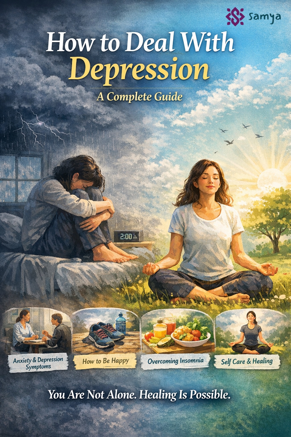 Illustration showing a woman struggling with depression symptoms and anxiety symptoms at night, transitioning into a peaceful scene of meditation, self care for mental health, and healing, representing how to deal with depression and improve mental health naturally