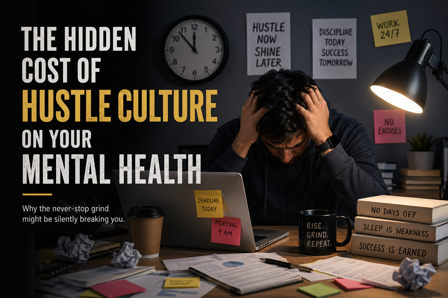 Stressed office worker sitting at desk showing the hidden cost of hustle culture on mental health, burnout, anxiety, and overworking stress.