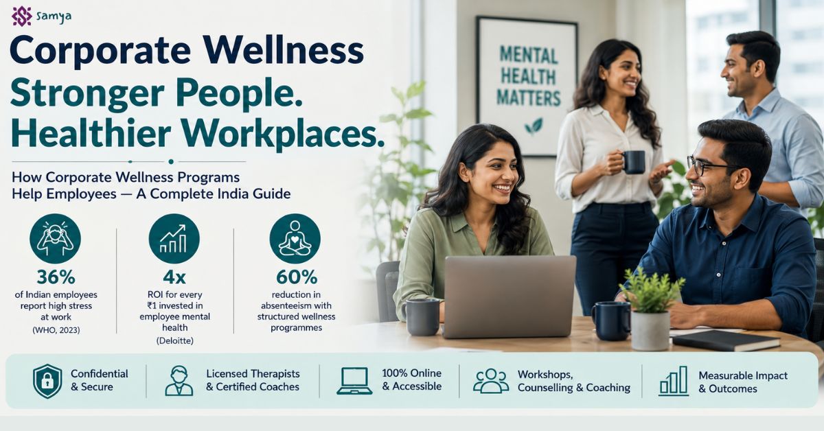 Indian employees collaborating in a modern office representing corporate wellness, workplace mental health support, stress management, and employee wellbeing programs.