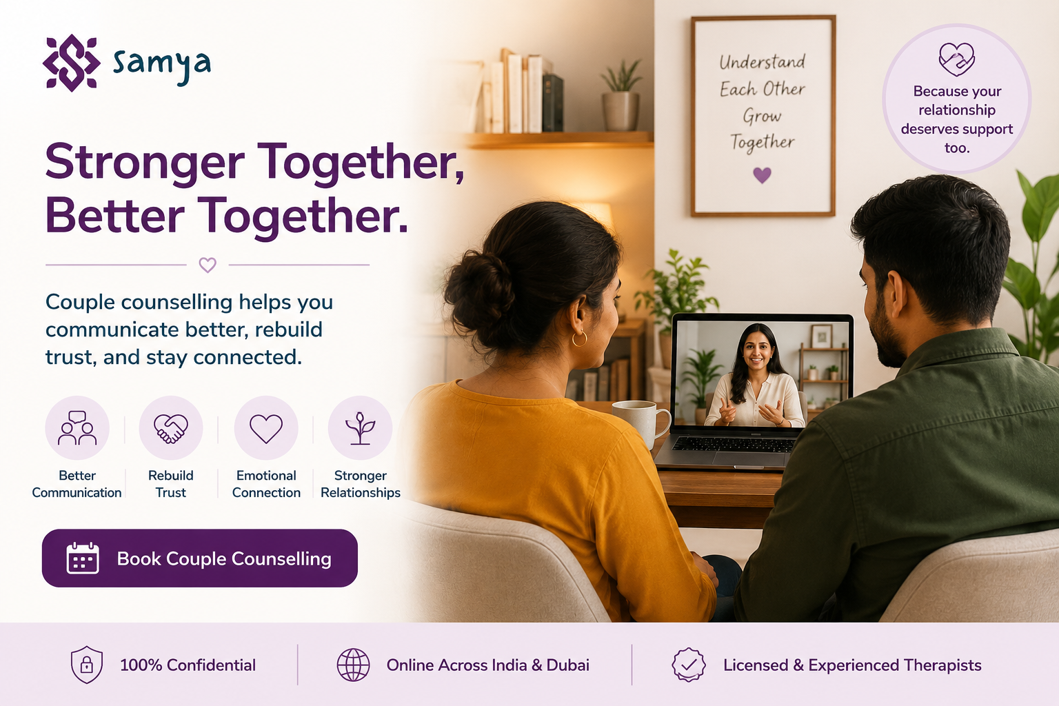 Indian couple attending an online couple counselling session with a therapist on laptop screen using Samya platform.