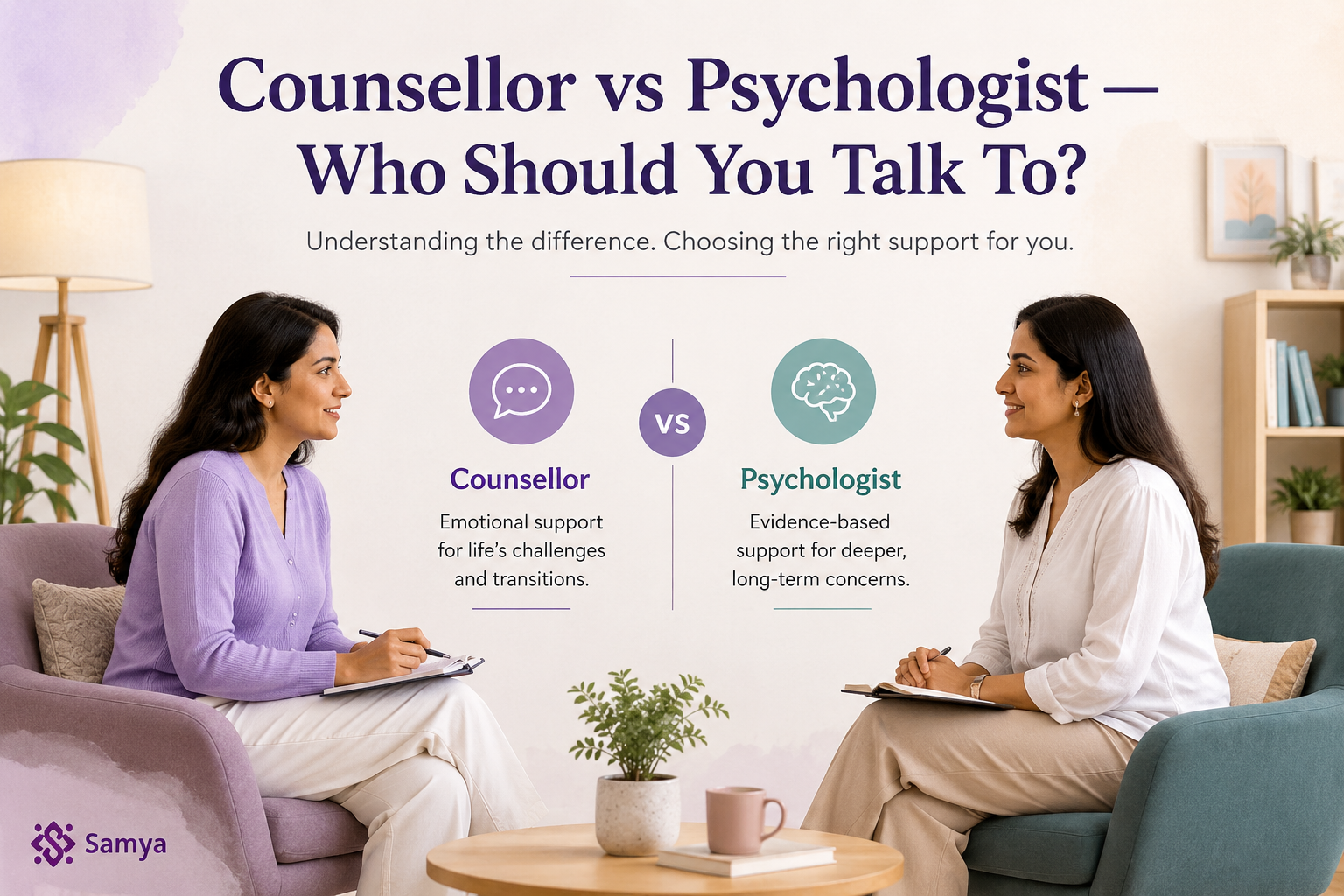Illustration comparing a counsellor and psychologist in a calm therapy setting, explaining the difference between emotional support and structured mental health treatment.