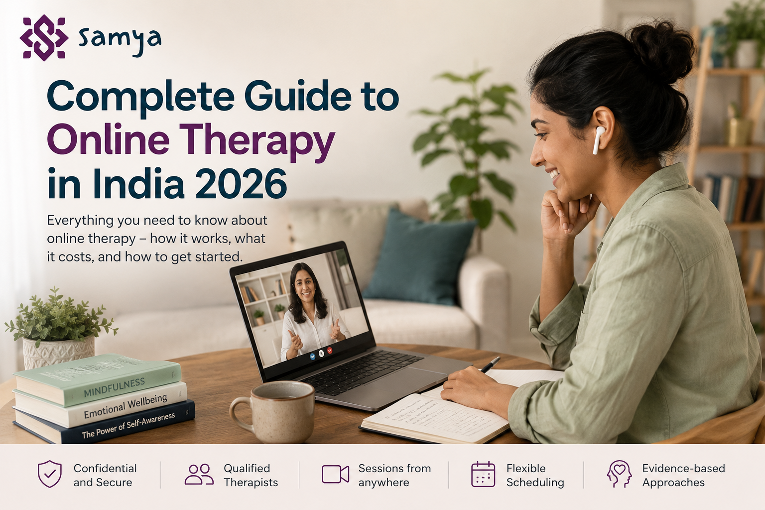 Woman attending an online therapy session on laptop at home with Samya logo and Complete Guide to Online Therapy in India 2026 banner.