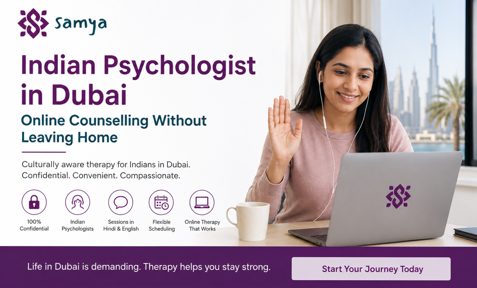 Indian psychologist providing online counselling to an Indian expat in Dubai through a secure video therapy session with culturally aware mental health support.
