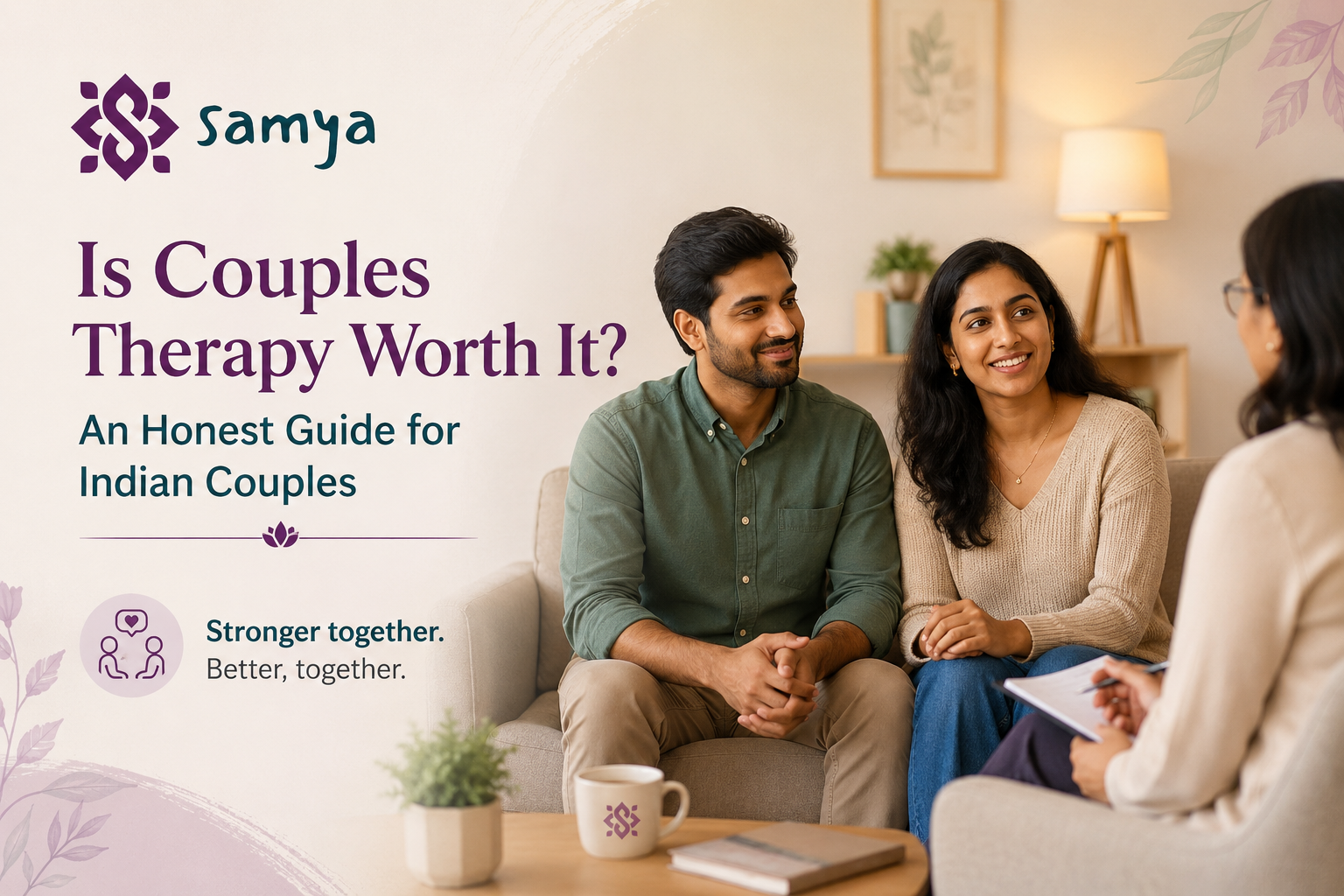 Indian couple attending an online couples therapy session with a therapist, illustrating the benefits of relationship counselling and couples therapy in India by Samya.