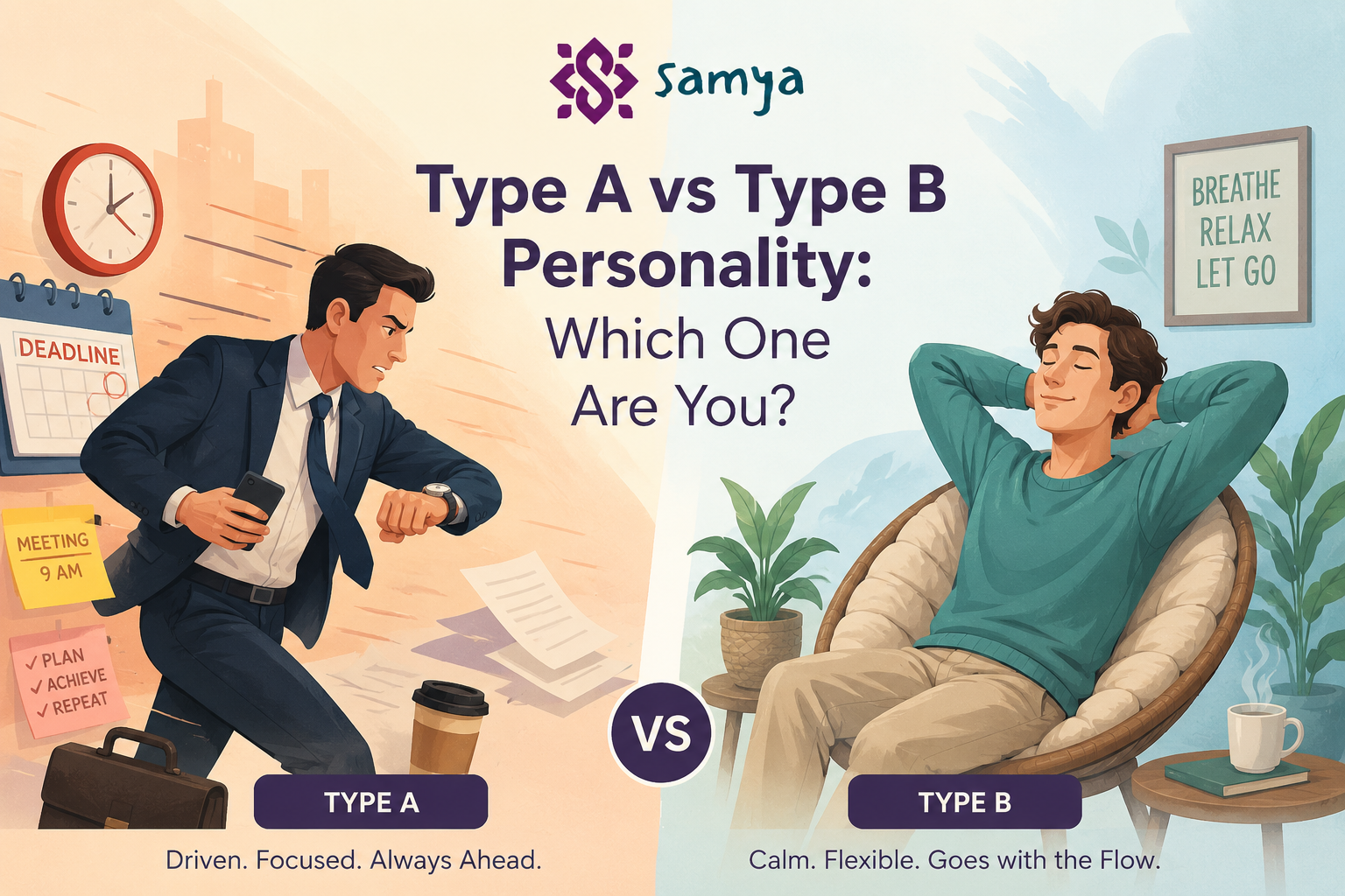 Illustration comparing Type A vs Type B personality traits, showing a fast-paced, ambitious person and a calm, relaxed person with the Samya logo.