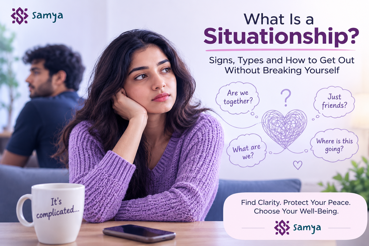 Thoughtful woman reflecting on a situationship relationship with Samya logo, representing the signs, meaning, and emotional confusion of a situationship.