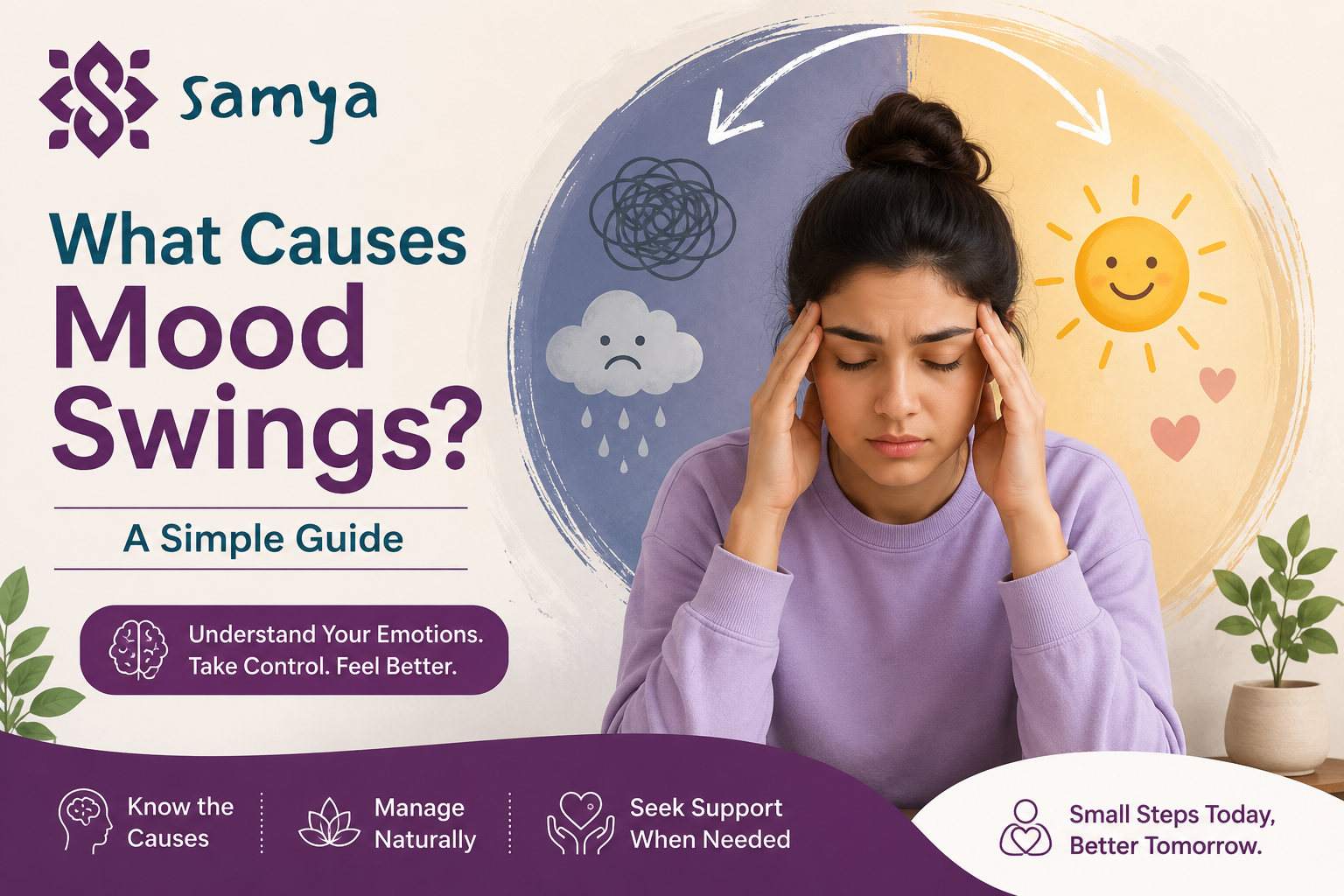 Illustration of a woman experiencing mood swings with happy and sad emotion icons, explaining the causes of mood swings, alongside the Samya logo