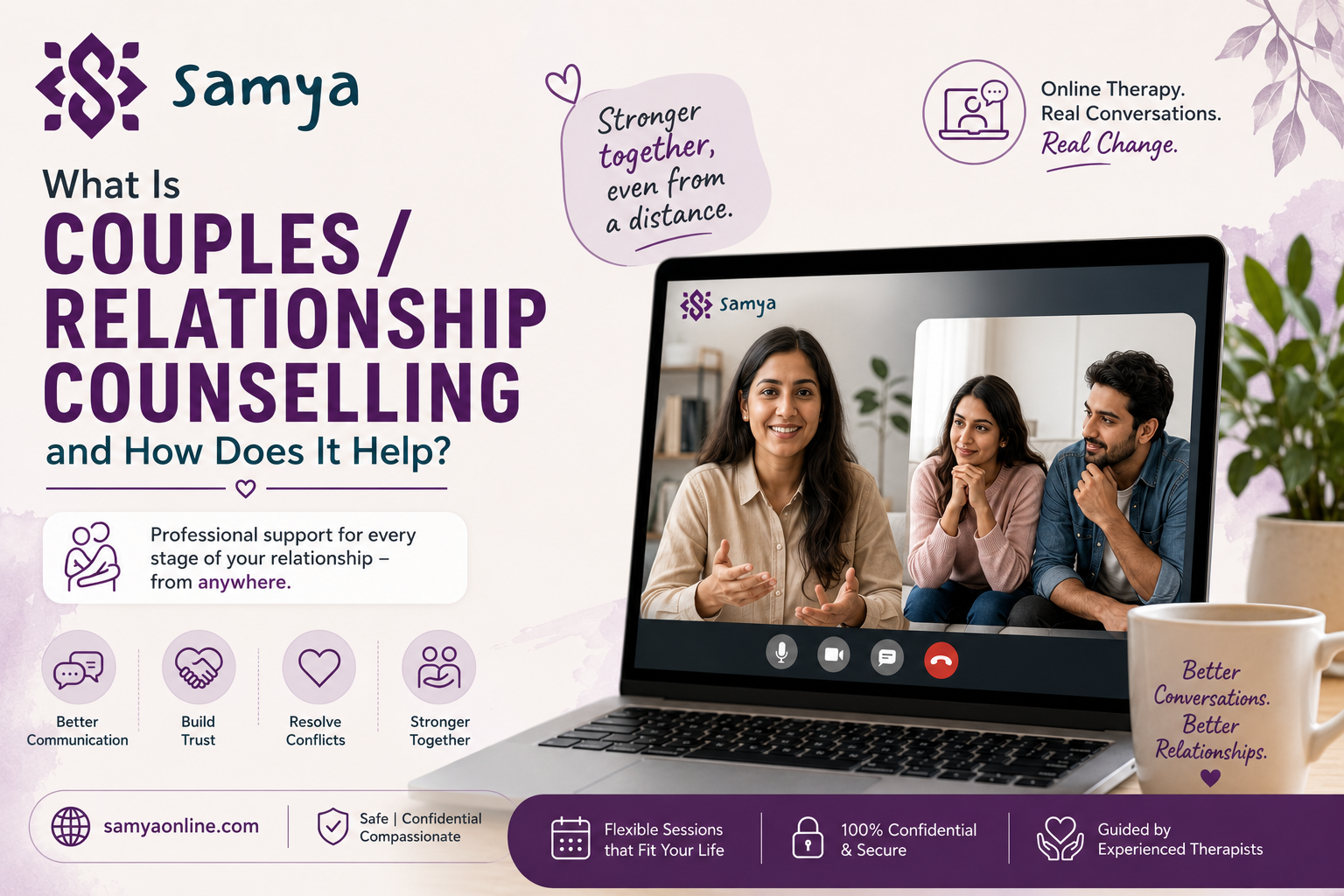 Illustration of a couple attending a relationship counselling session with a therapist, highlighting communication, trust, conflict resolution, and emotional connection, featuring the Samya logo.